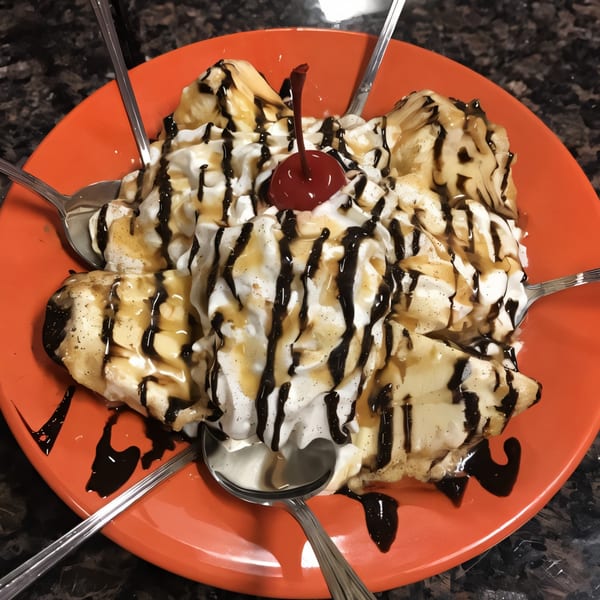 Fried ice cream dessert with whipped cream, chocolate, caramel, and a cherry on an orange plate.