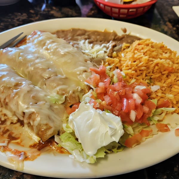 Two cheesy enchiladas with rice, refried beans, lettuce, diced tomatoes, and sour cream.